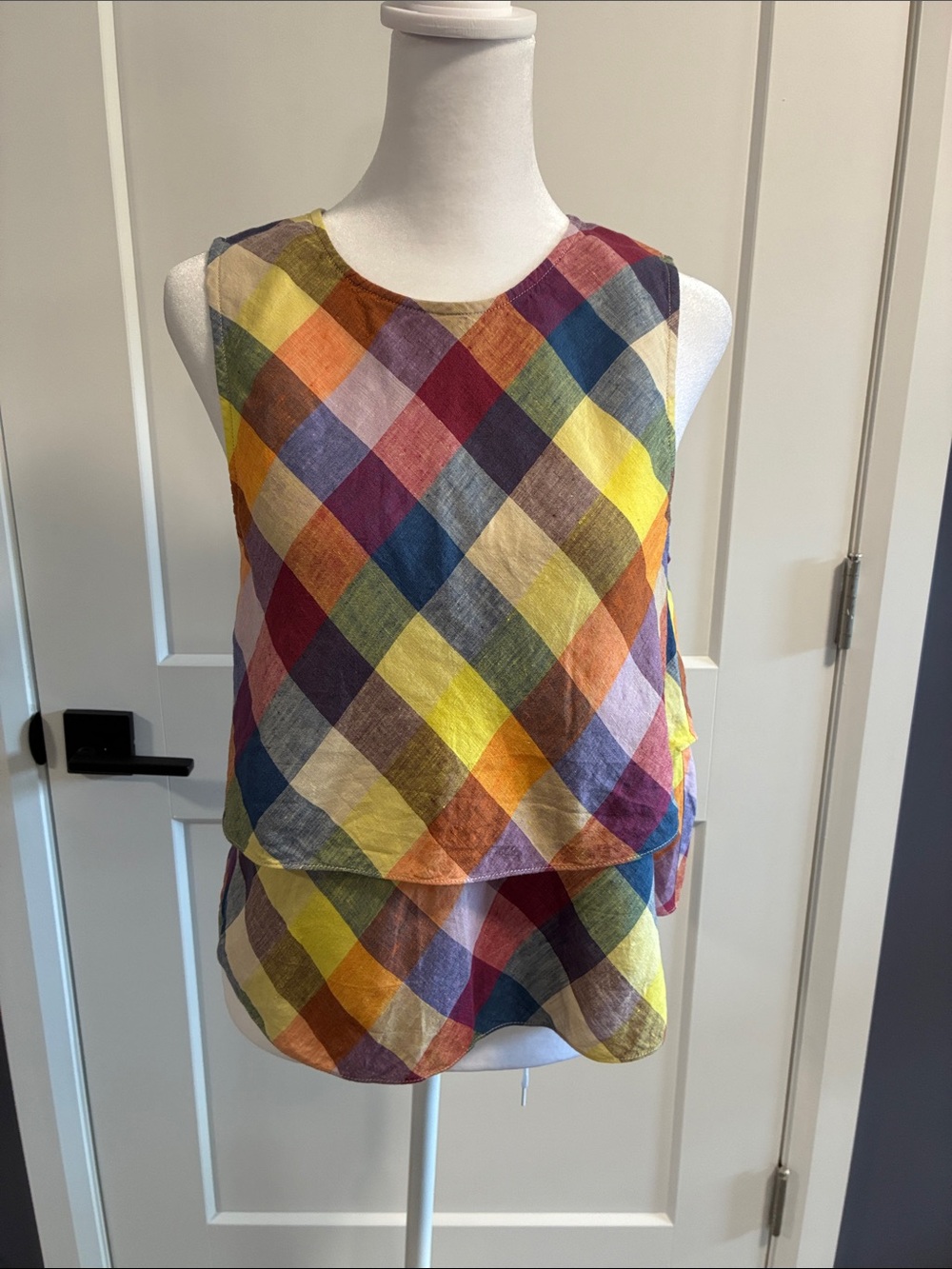 Wilfred 100% Linen Multicolor Plaid Sleeveless Tiered, open back top - S